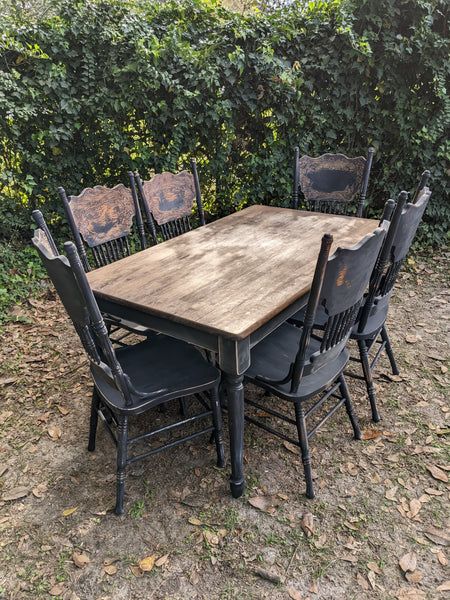 Black Dining Table & Six Chippy Chairs